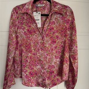 NWT Zara Pink Long Sleeve Buttoned Blouse